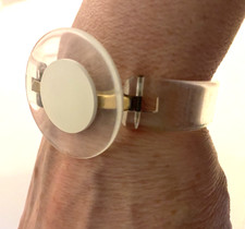 Statement Vintage Mod clear Lucite Bracelet with metal hinge disc made in France picture