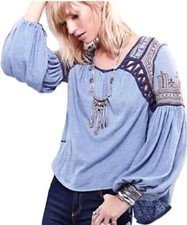 Free PeopleFree People Blouse Snow Kisses with Embroidery (Blue Combo) NEW #R2 picture