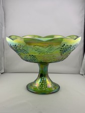 Vtg Stunning Indiana Glass Green Iridescent Carnival Pedestal Fruit Bowl picture