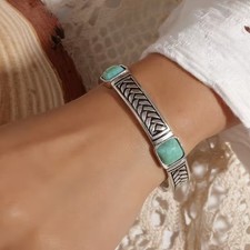 925 Sterling Silver Vintage Turquoise Tibetan Tibet Stretch Bracelet Bangle Cuff picture
