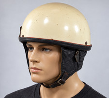 Vintage open-face motorcycle helmet, probably dating from the 1950s–1960s. picture