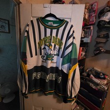 Vtg 90s Nutmeg Mills Notre Dame Fighting Irish Striped AOP Sweatshirt XL +Bonus picture