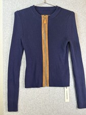 Commense Zip-FrontSuede Panel Ribbed KnitTop Size M Navy picture
