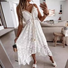 Women's Crochet Lace Maxi Dress Spaghetti Strap V Neck Cami Beach Boho Sundress picture