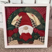 Framed 8” Fabric Art Christmas Quilted Wall Art Gnome Heart Kinusaiga Handmade picture