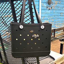 Bogg Black Tote Bag Double Handles Perforated Design Studded Button Accents picture