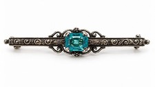 Antique 835 Silver Blue Stone Bar Brooch Pin Ornate Art Deco 4.50g Vintage picture