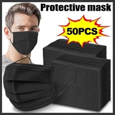 50 Pcs Disposable Black Face Masks 3-Layer Anti-Dust Mouth Masks Individual Pack picture
