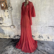 Vintage 1930s Red Silk Chiffon Gown Bias Cut Dress Keyhole Back Maxi Dress Deco picture
