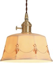Vintage French Country Ceramic Pendant Light Hand Painted Brass Swivel picture