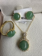 Natural Green Jade S925 Sterling Silver Ring Earrings Necklace Jewelry Set picture