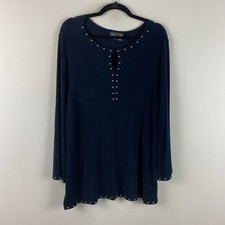 Chicos Travelers Tunic Size 2 US Large Navy Blue Embellished Keyhole Slinky Knit picture