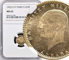 NGC MS-63 TURKEY GOLD 25 KURUSH 1923 37 (AGW: 0.0532) MINTAGE: 31,000 picture