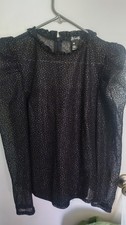 AQUA Black Gold Metallic Polka Dot Sheer Ruffle High Neck Blouse M picture