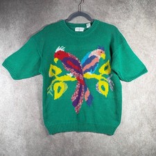 Vintage Honors Sweater Womens L Green Parrot Bird Knit Short Sleeve Ramie Cotton picture
