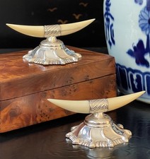 🎄🎄🎄 Rare 19C English Sterling Silver Mounted Boar Tusk Knife Rest Pair c1899 picture