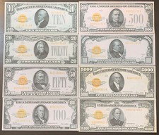 Reproduction Set 1928 Gold Certificates $10-$10,000 Notes USA Read Description picture