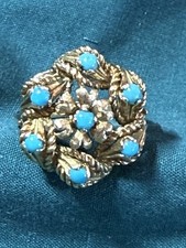Vintage 18K Yellow Gold Turquoise Cluster Flower Cocktail Ring 6.3g Size 6.75 picture