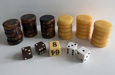 Vintage Crisloid 30 Bakelite Backgammon Game Chips Brown Yellow Swirl Dice Cube picture
