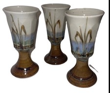 Nice Vtg Studio Stoneware Pottery 3 Challis Goblets CatTails ￼signed Hope picture