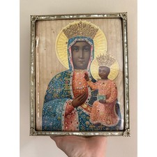 Vintage Our Lady Of Czestochowa Black Virgin Mary Madonna w/ baby framed 10x8”  picture