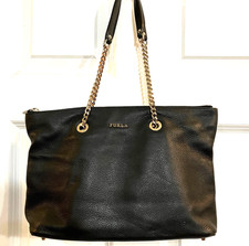 Furla Italy Julia Handbag Classic Black Leather with Chain Strap Tote Purse 14
