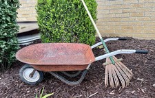 Antique Farmhouse Rustic Child’s Metal Wheelbarrow & Leaf Rake Orig Worn Paint picture