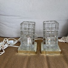 VTG  7” MCM Hollywood Regency Stacked Glass Column Cube (2) Pair Lamps Portugal picture