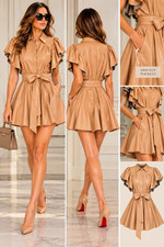 Alice + Olivia Tan Solid Vegan-Leather Ruffle Sleeve Belted Shirt Dress 8 picture