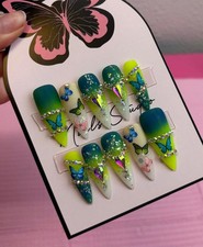 Long stiletto blue green press on nails rhinestones glitter ombré butterflies picture