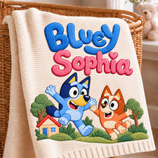 Bluey Personalized Baby Blanket Custom Name Embroidered 80x100cm Kids Gift picture