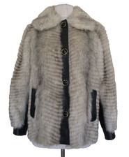 Vintage 60s Faux Fur Jacket Womens M Made in England Gray Black Leather Trim picture