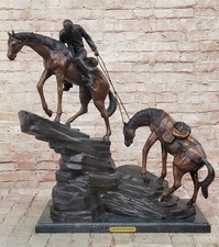 Large Remington Tribute 2 Horses and Cowboy Bronze Sculpture Marble Statue Sale picture