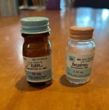 2 Merck Sharp Dohme glass bottles, Elavil and Decadron 1980's picture