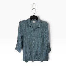 J. Jill Womens Blue Teal Cotton Crinkle Gauze Windowpane 3/4 Sleeve Shirt M picture