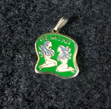 Vintage Gemini Zodiac Pendant Green Enamel Astrology Twins Charm Mid-Century  picture