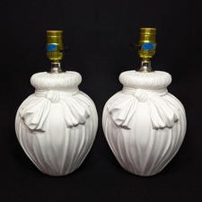 Vintage Lamp Plaster Drapery Bow White Pair Hollywood Regency French Country 12
