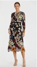 Mac Duggal Floral Embroidered Mesh Midi Dress Long Sleeve Beaded Waist 16 picture