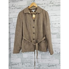 Coldwater Creek Women Brown Plaid 100% Linen Belted Safari Jacket Size L NWT picture