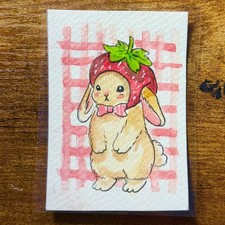 ACEO Original PRINT Painting Bunny Wearing Strawberry Hat Angelina Abraham picture