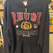 Rhude Bordeaux Black Logo Graphic Full Zip Hoodie Men's Hooded Pockets picture