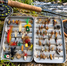 Vintage 1940s Perrine Aluminum Fly Box with 70+ River & Stillwater Fishing Flies picture