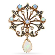 Vintage 13k Yellow Gold Opal Diamond and Enamel Ornate Brooch picture