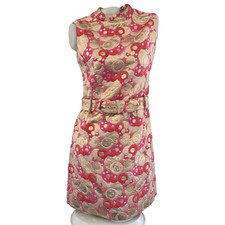 60s vtg PAT SANDLER Pink Gold METALLIC Psychedelic Print BROCADE Mod Shift Dress picture
