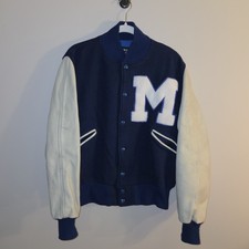 Butwin Men's Vintage Jacket Leather Wool Varsity Letterman M Navy Blue Cream Tan picture