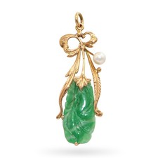 Vintage 13k Yellow Gold Jade and Pearl Floral Pendant picture