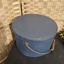 antique round pantry box 11.5 X 6.25 high dark blue paint original 19th picture