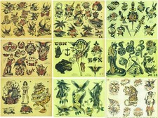 Bundle of NINE VINTAGE Colored TATTOO Flash Prints Sailor Jerry and others picture