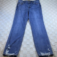 Judy Blue High Rise Distressed Hem Straight Leg Jeans Medium Wash Blue picture