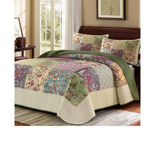 Patchwork Quilt Set King Size Bohemian Bedspread Green Beige Vintage Floral picture